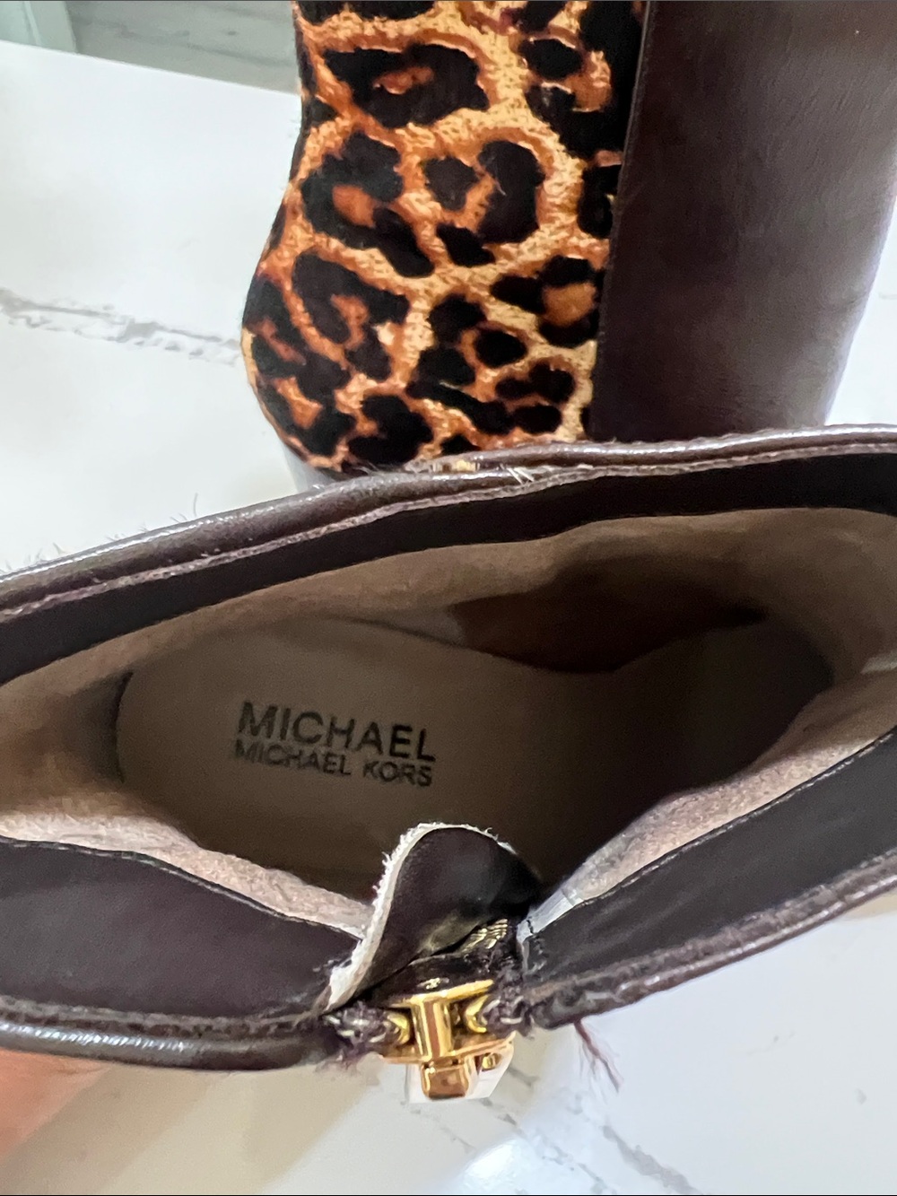 Michael Kors Brown Leather Ankle Boots with Leopard-Print Heel Panel size W 7.5 - Picture 2 of 15